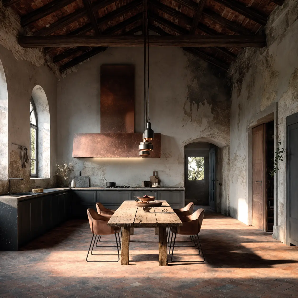 Rustic Italian kitchen with a copper range hood, exposed timber beams and a reclaimed-wood dining table