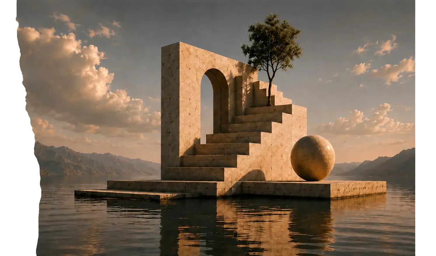Architectural sculpture with arches, stairs, and stone sphere emerging from still water against a mountain landscape