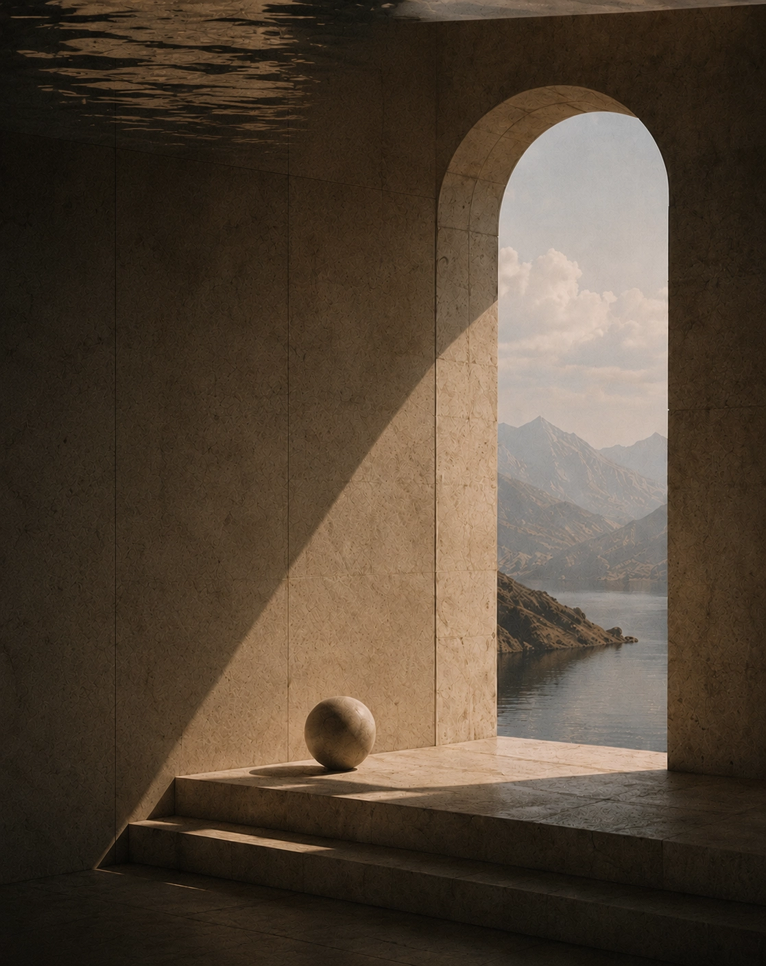 Warm light through a stone archway revealing a stone sphere, mountains and sea beyond