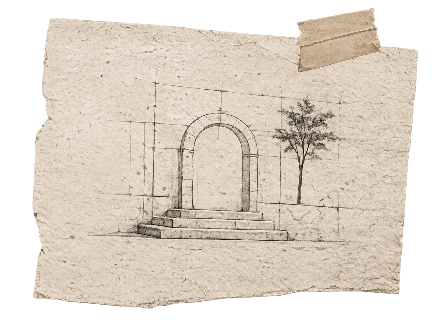 Hand-drawn architectural sketch of an archway with a tree, taped to aged paper
