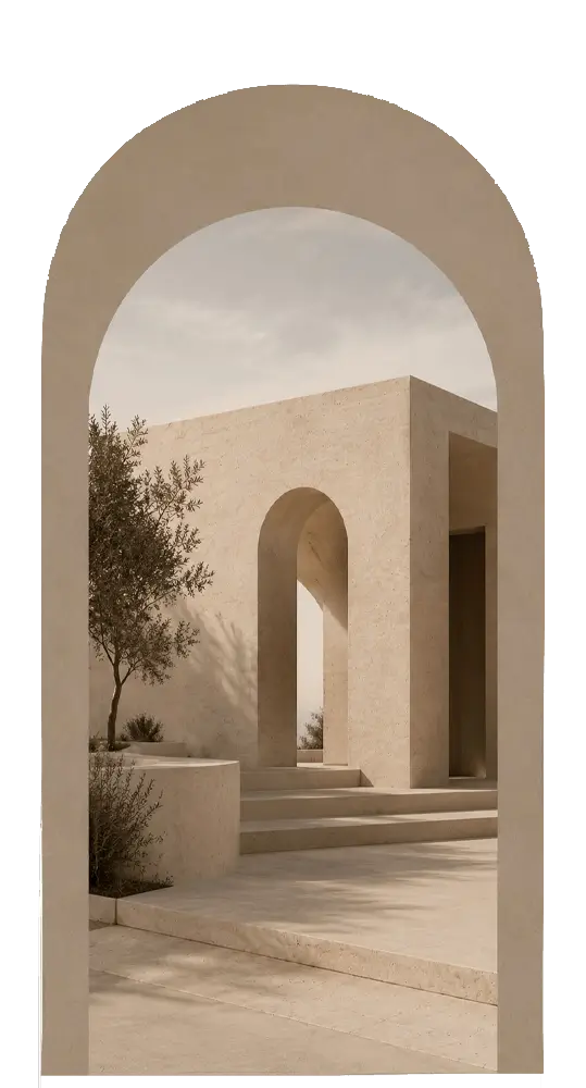Arched view onto a travertine building