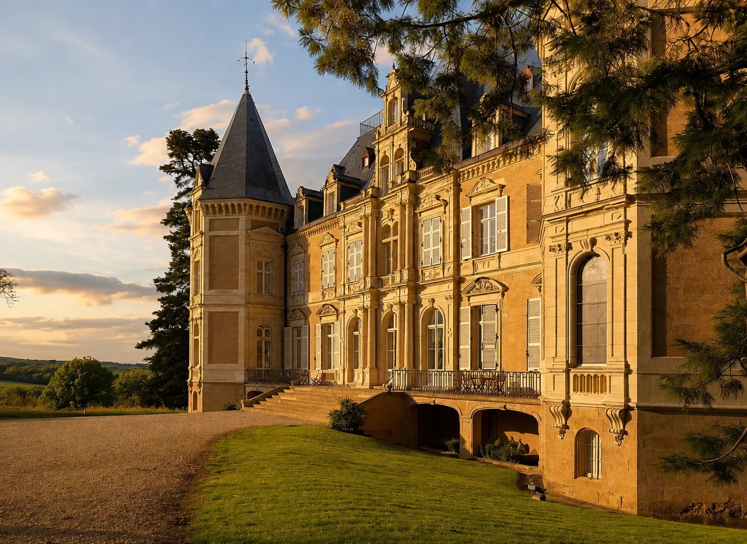Golden-hour view of a French château facade with a slate octagonal tower and lawn