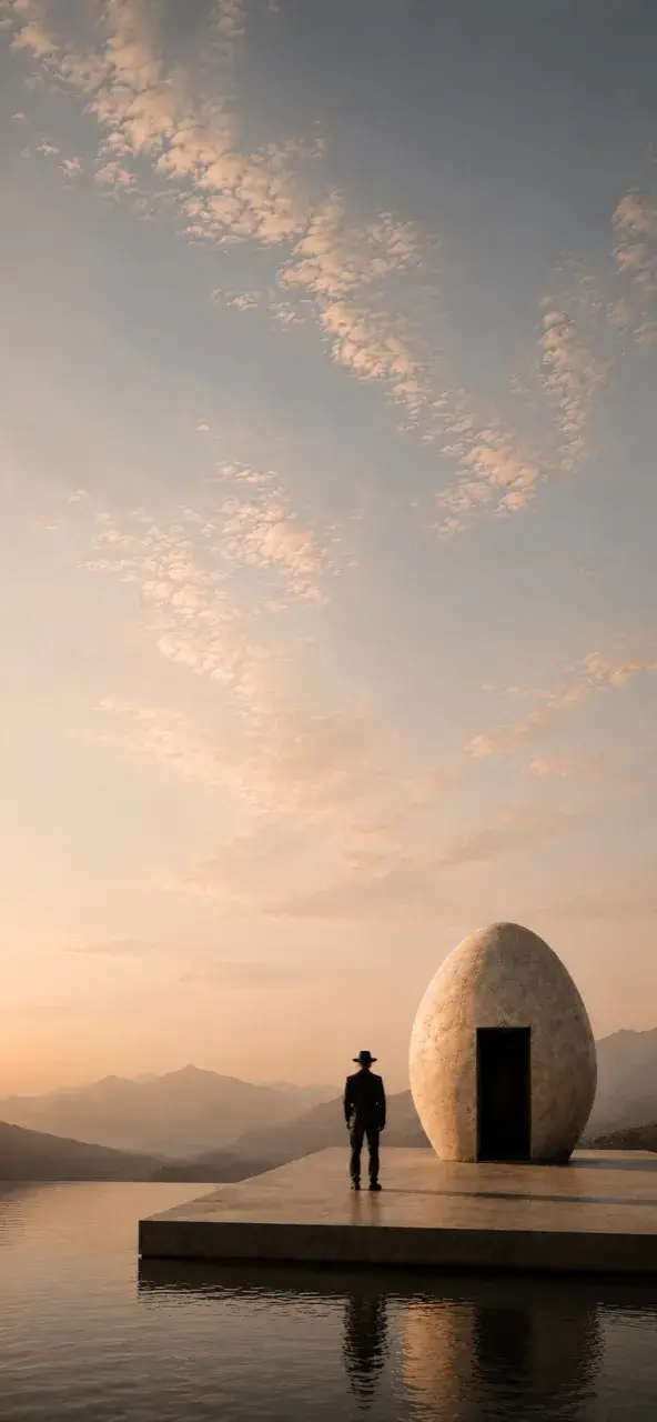 Man contemplating a monumental egg-shaped sculpture at sunset