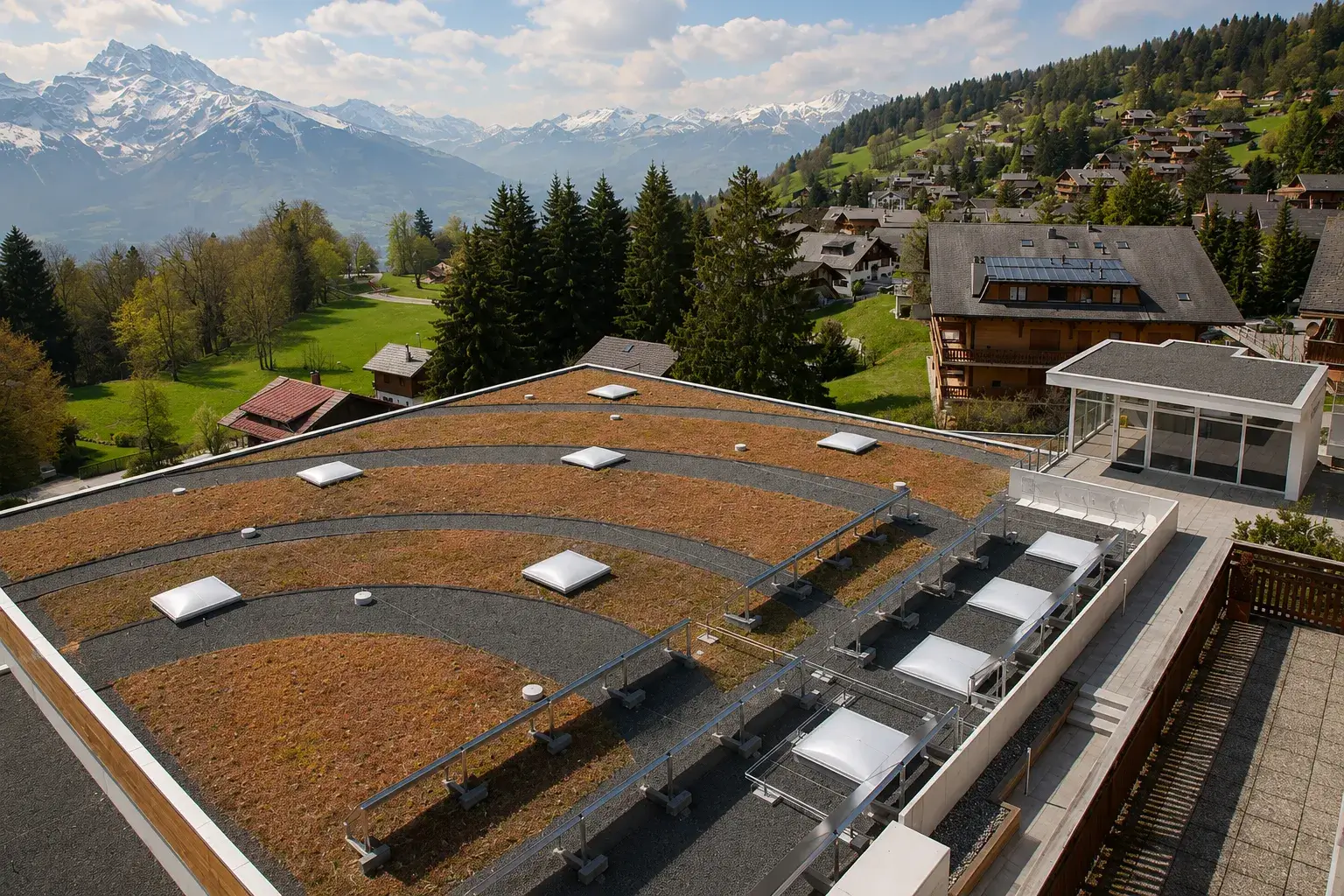 Living roof of the Aiglon Sports Centre blending into the hillside
