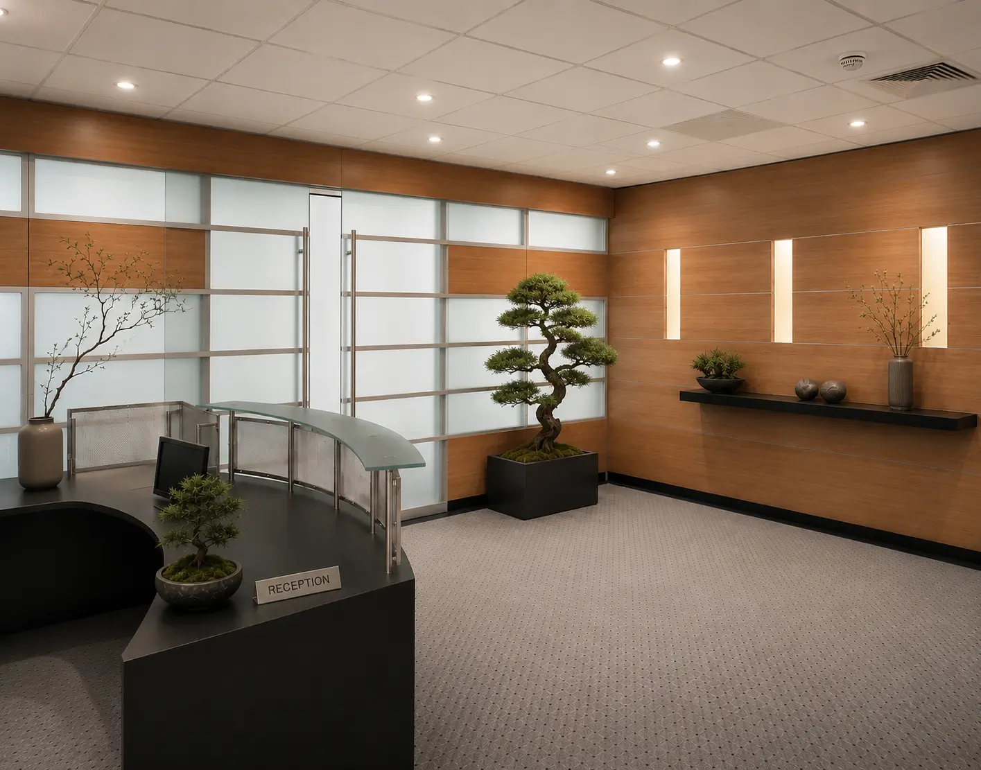 Executive Business Center seating area framed by gentle curves and translucent screens