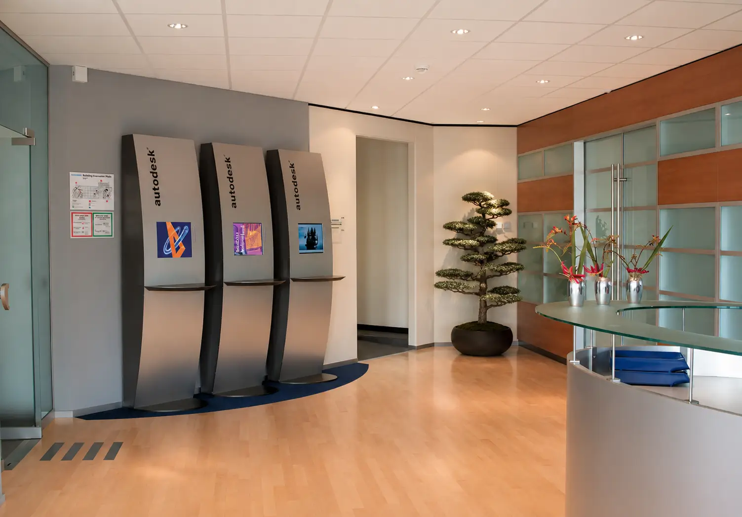 Reception carrying environmental graphics drawn from Autodesk's CAD-generated floral campaign