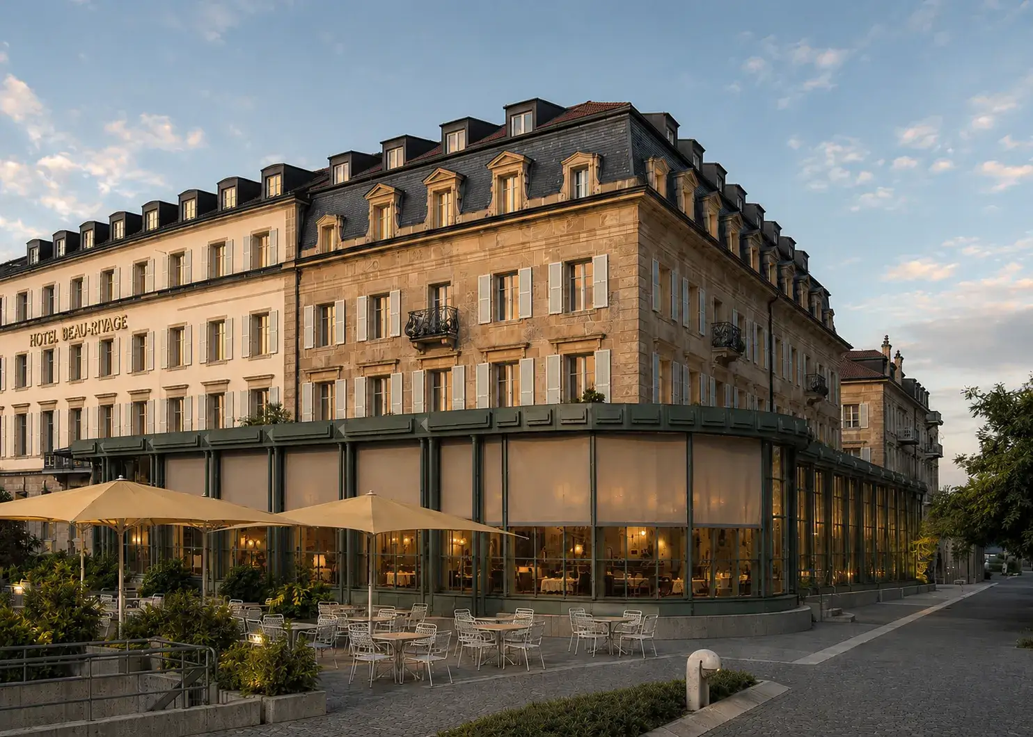 Exterior of Hotel Beau-Rivage in the late afternoon
