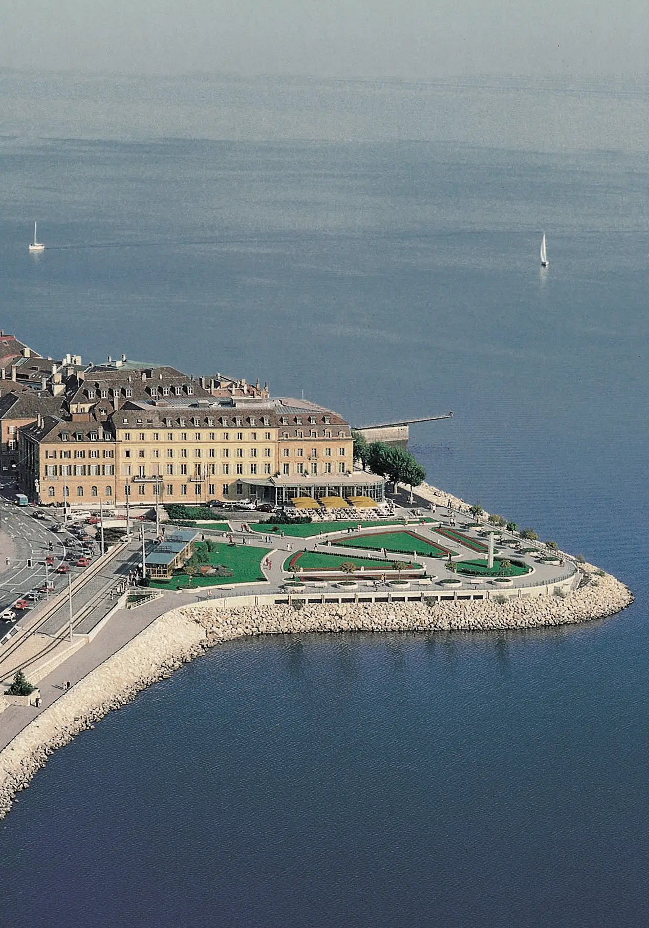 Aerial view of Hotel Beau-Rivage by the lake