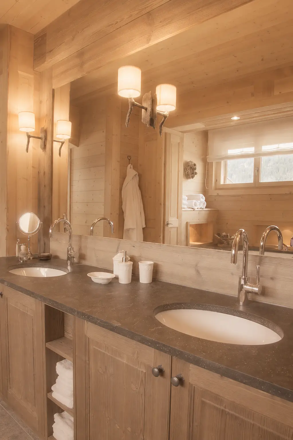 Sculptural stone basin in a Chalet Cœur des Alpes bathroom
