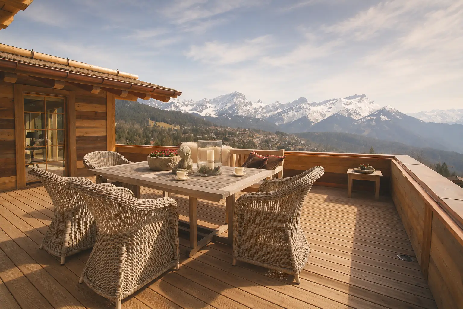 Timber sun deck overlooking the Villars valley