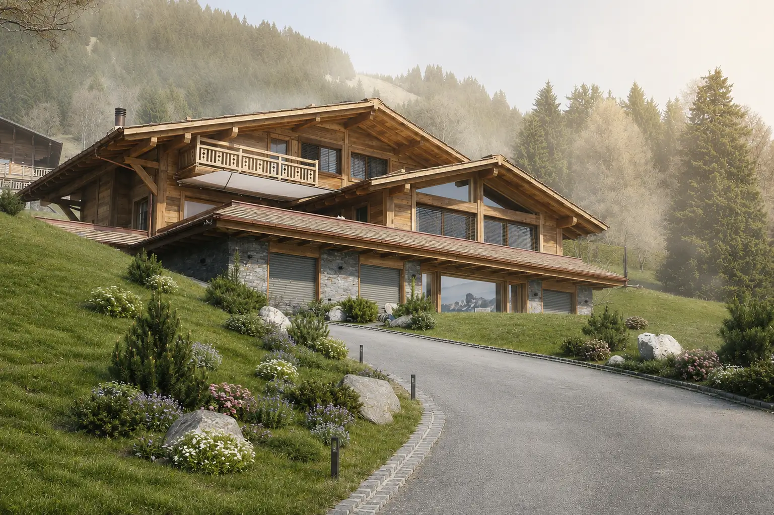 The chalet's timber-and-stone facade emerging from the forested hillside in morning mist