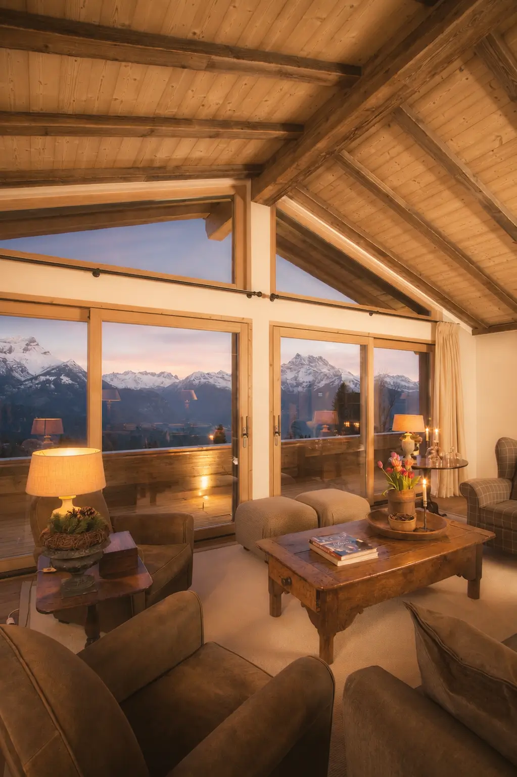 Fireplace-centred living room with valley views