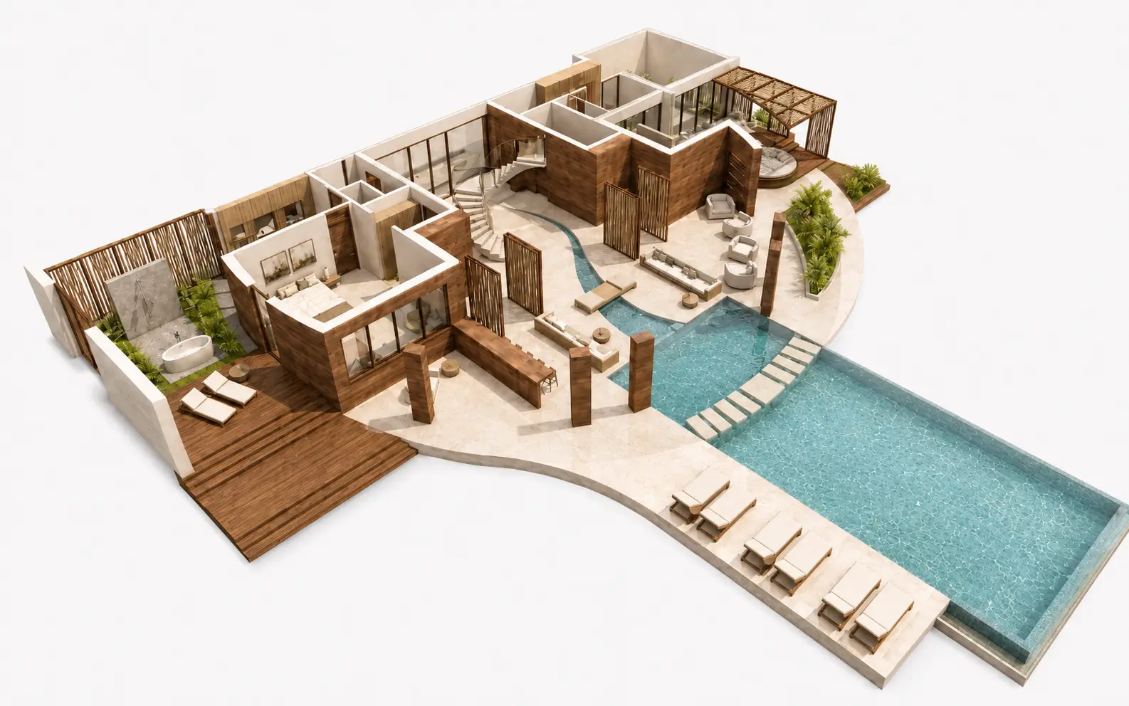 Lower-level axonometric of the Gaia Cam Ranh villa