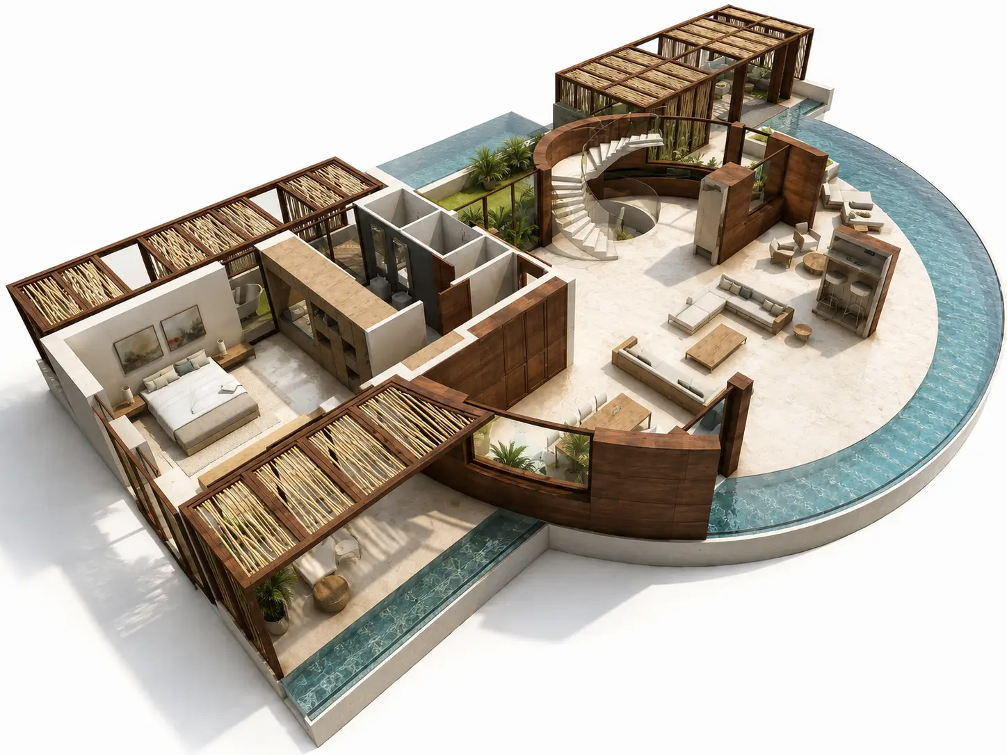 Upper-level axonometric of the Gaia Cam Ranh villa