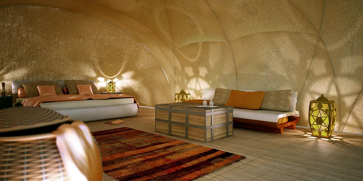 Geolodge tented module set in a natural landscape