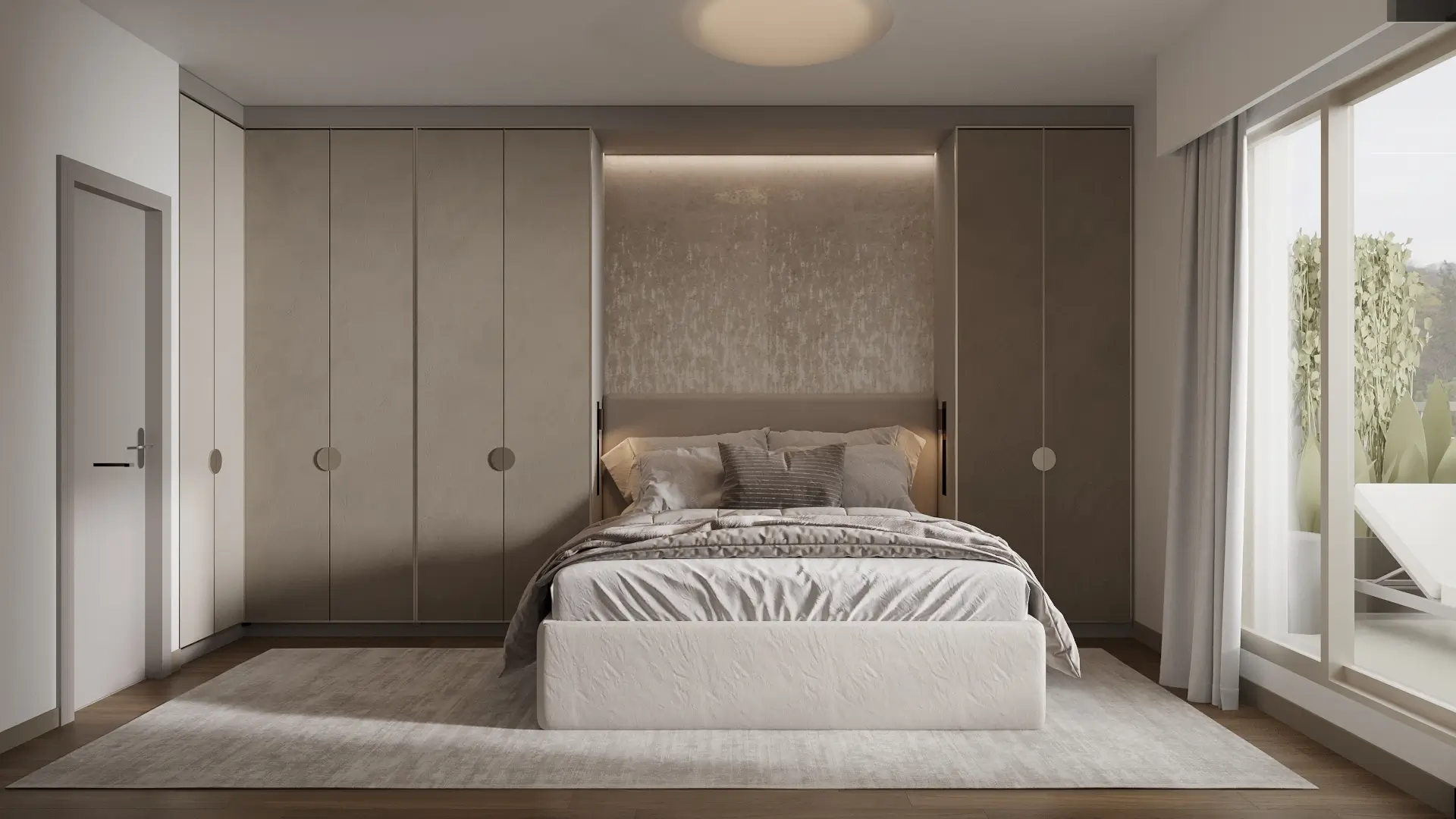 Master bedroom with floor-to-ceiling bronze-toned wardrobes, an upholstered bed, and a softly backlit textured headboard