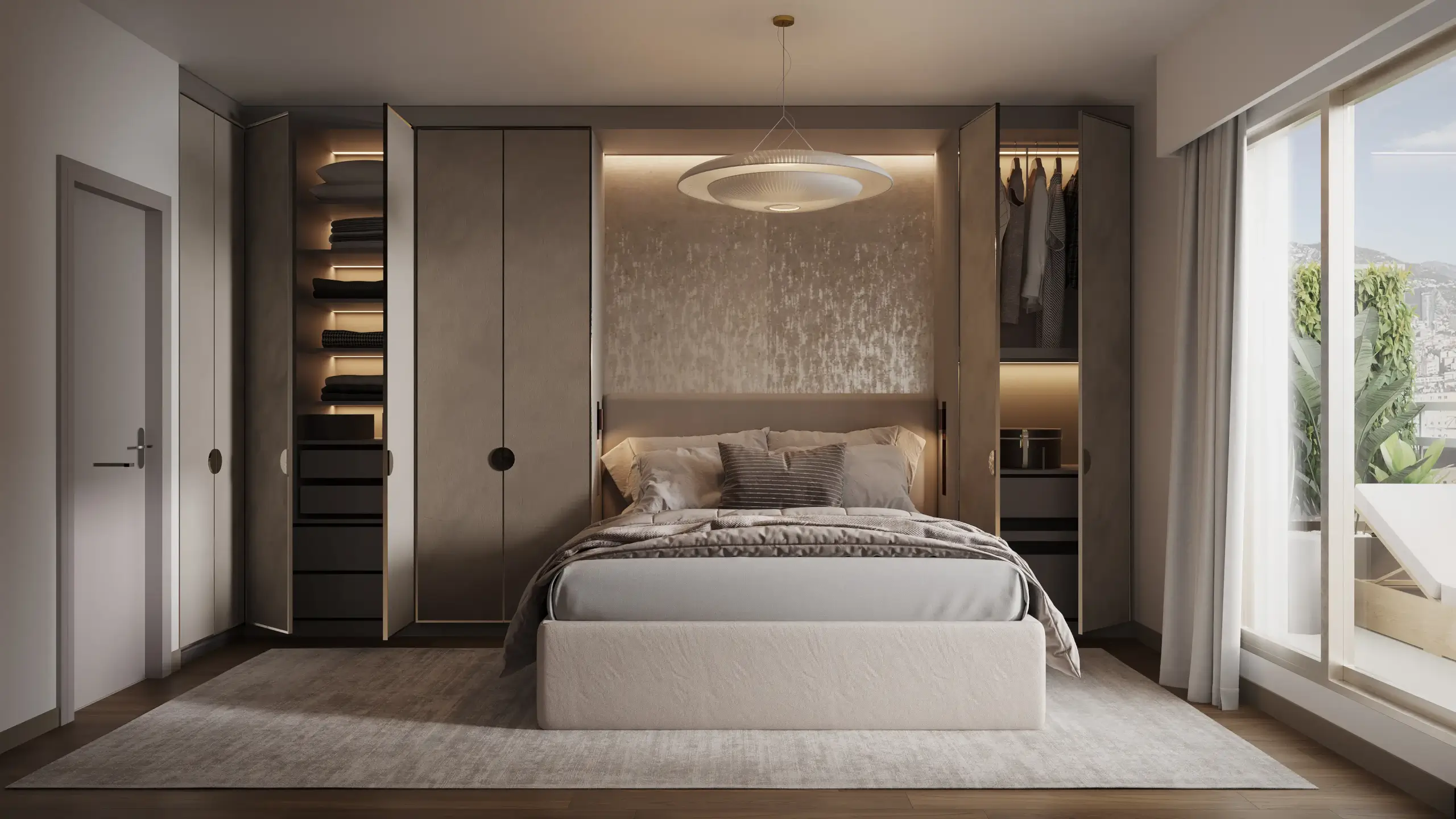Bedroom showing the integrated walk-in wardrobe behind the bed and a pendant light over layered neutral bedding
