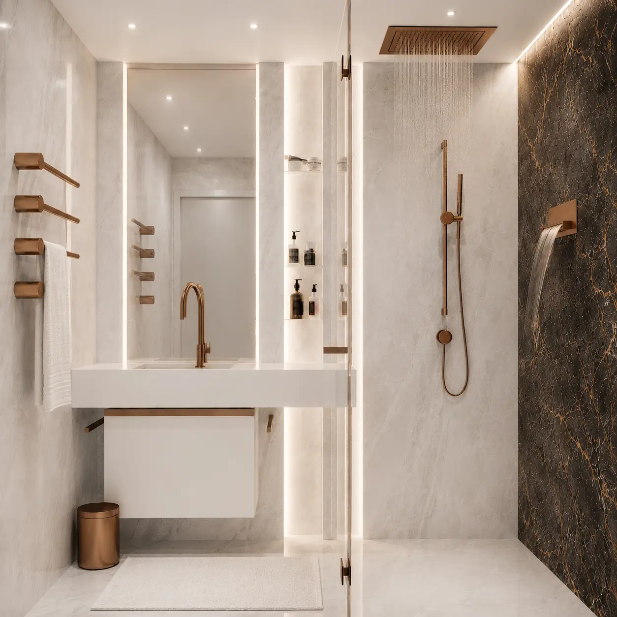 Bathroom clad in pale stone with rose-gold fittings, a rain shower, and a wall cascade against a dramatic Portoro marble panel