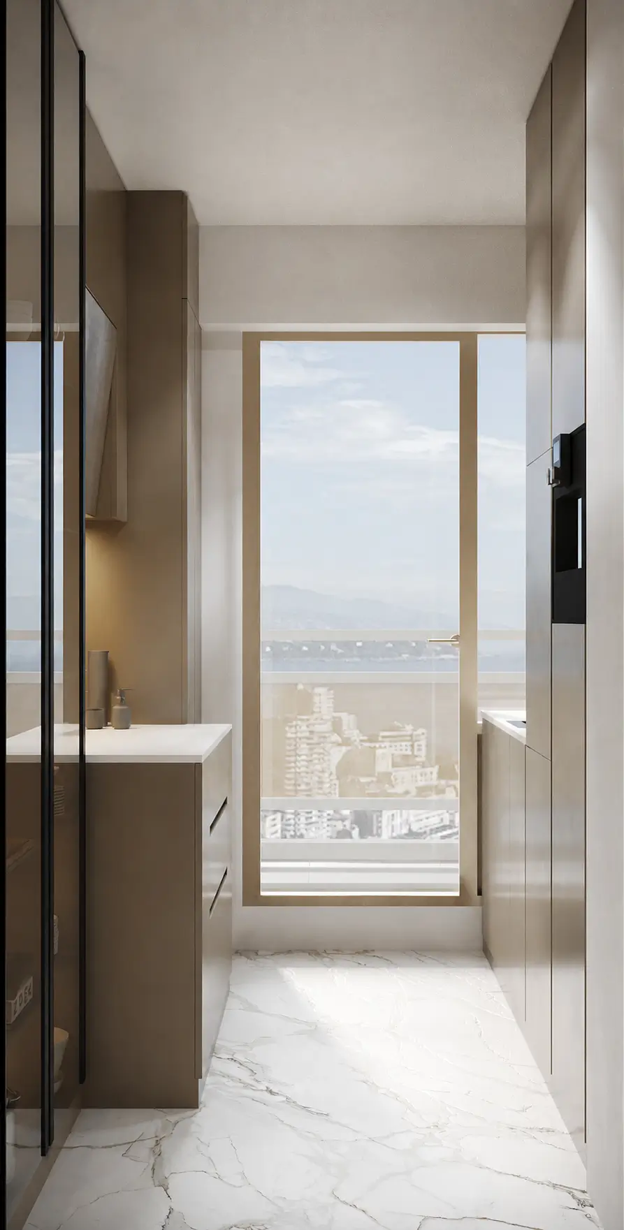 Narrow kitchen passage with a full-height window framing a city and mountain view over a marble floor