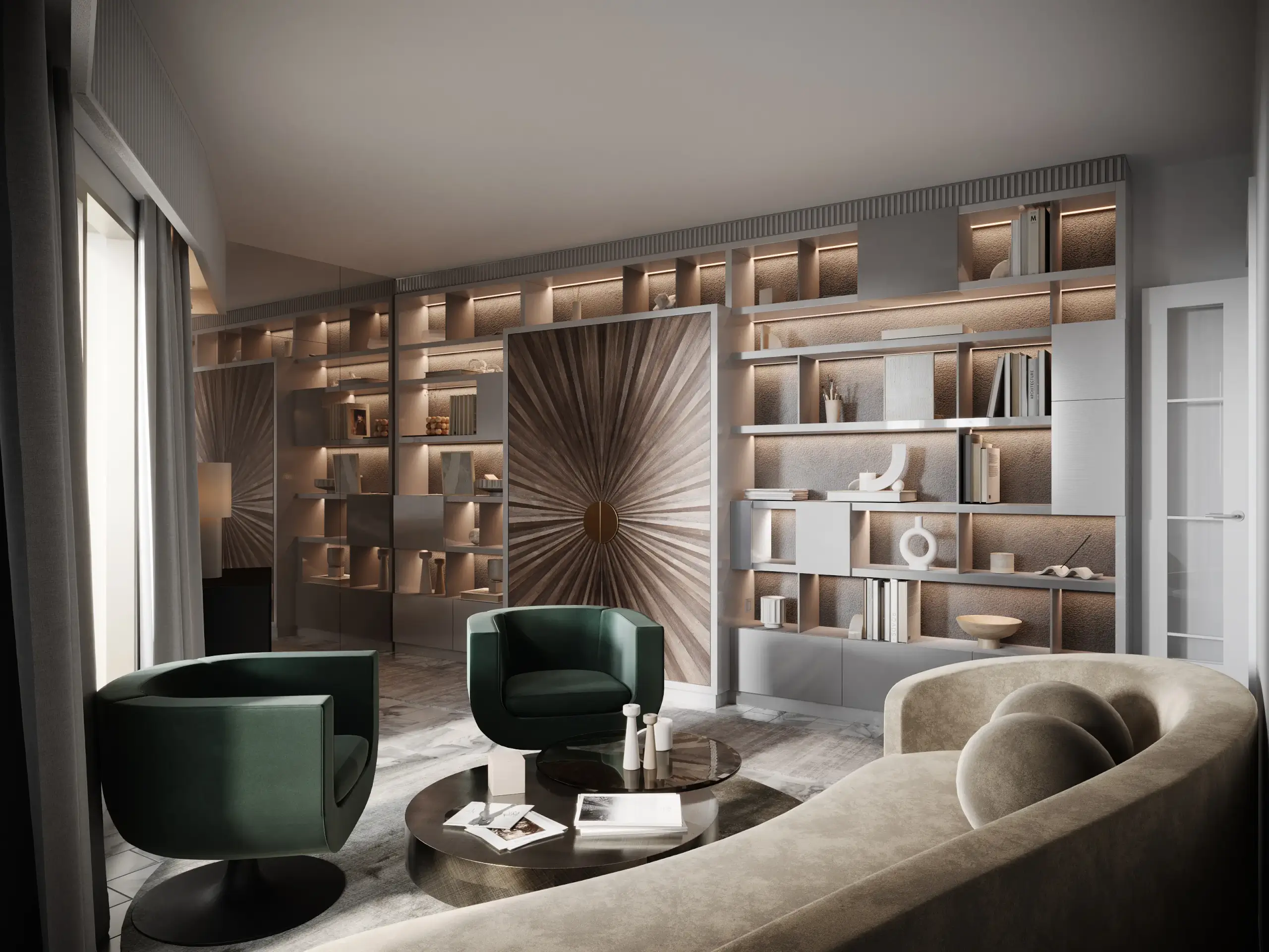 Library lounge with green velvet armchairs, a curved sofa, and backlit shelving around a starburst marquetry panel