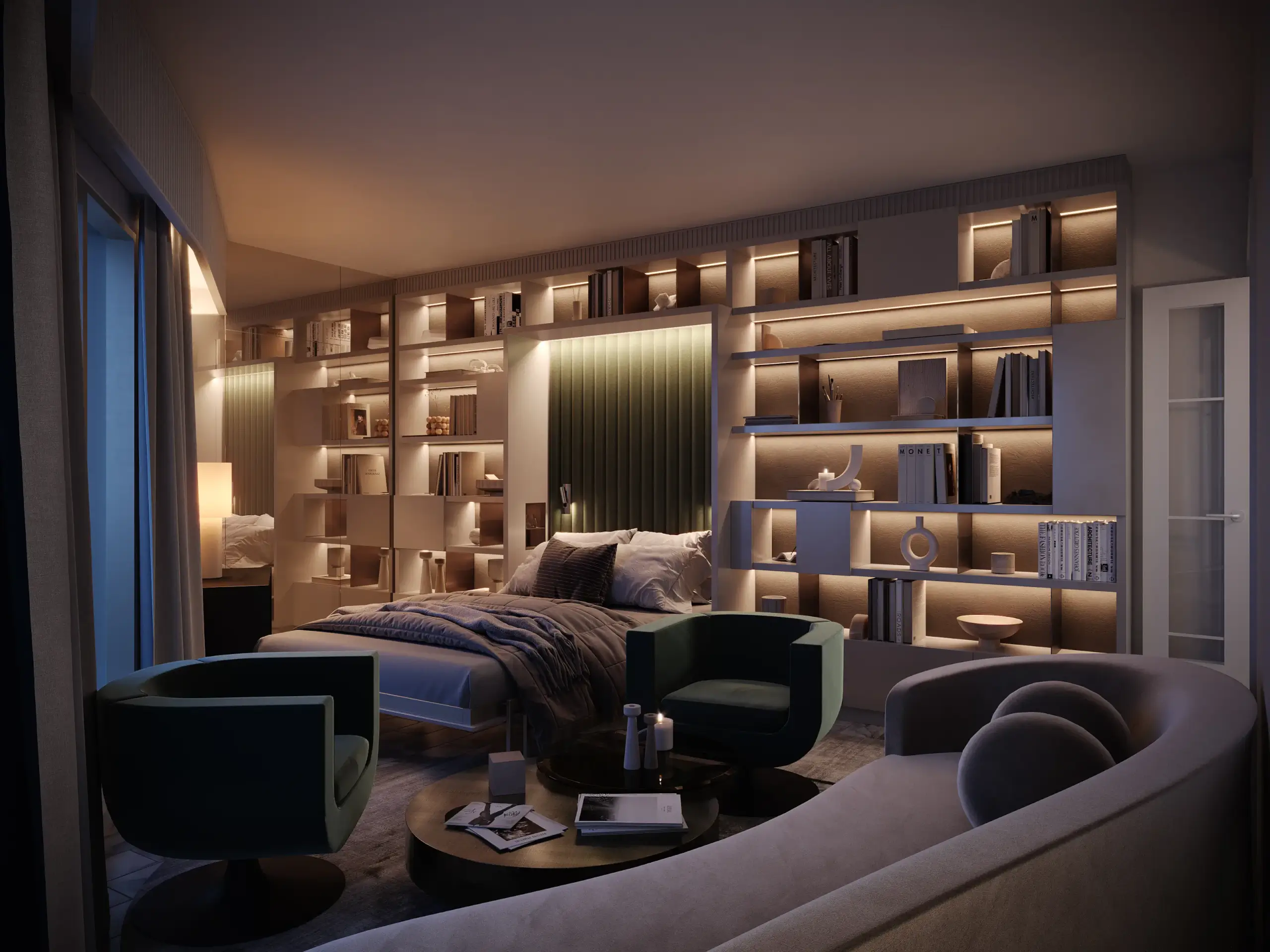 The same room at night with the bed folded down from the shelving wall