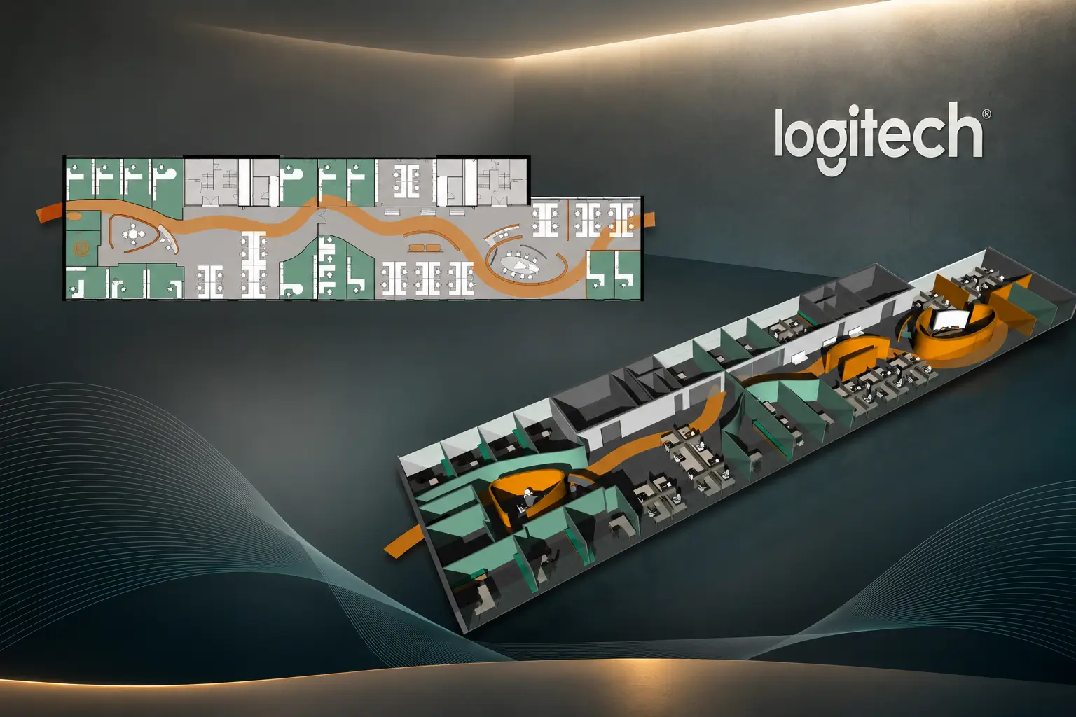 Architectural floor plans and an axonometric drawing of the office layout on a dark Logitech wall