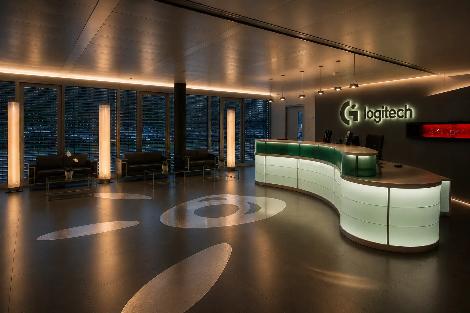 Reception lobby with curved illuminated green-white desk, backlit columns and glowing Logitech logo