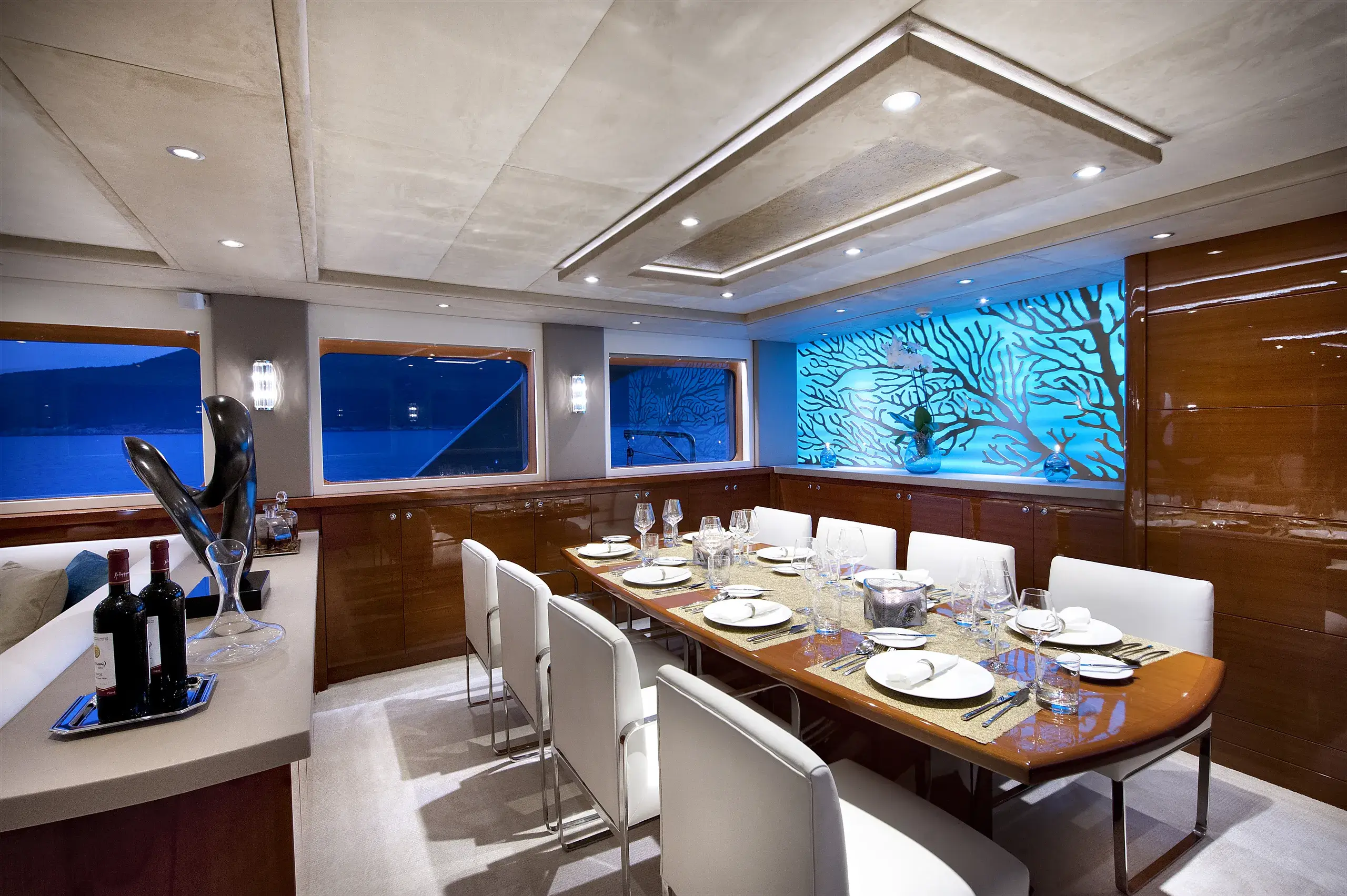 Dining setting aboard M/Y Mermaid