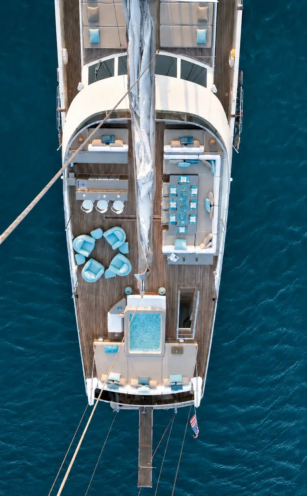 Aerial close-up of M/Y Mermaid on the water