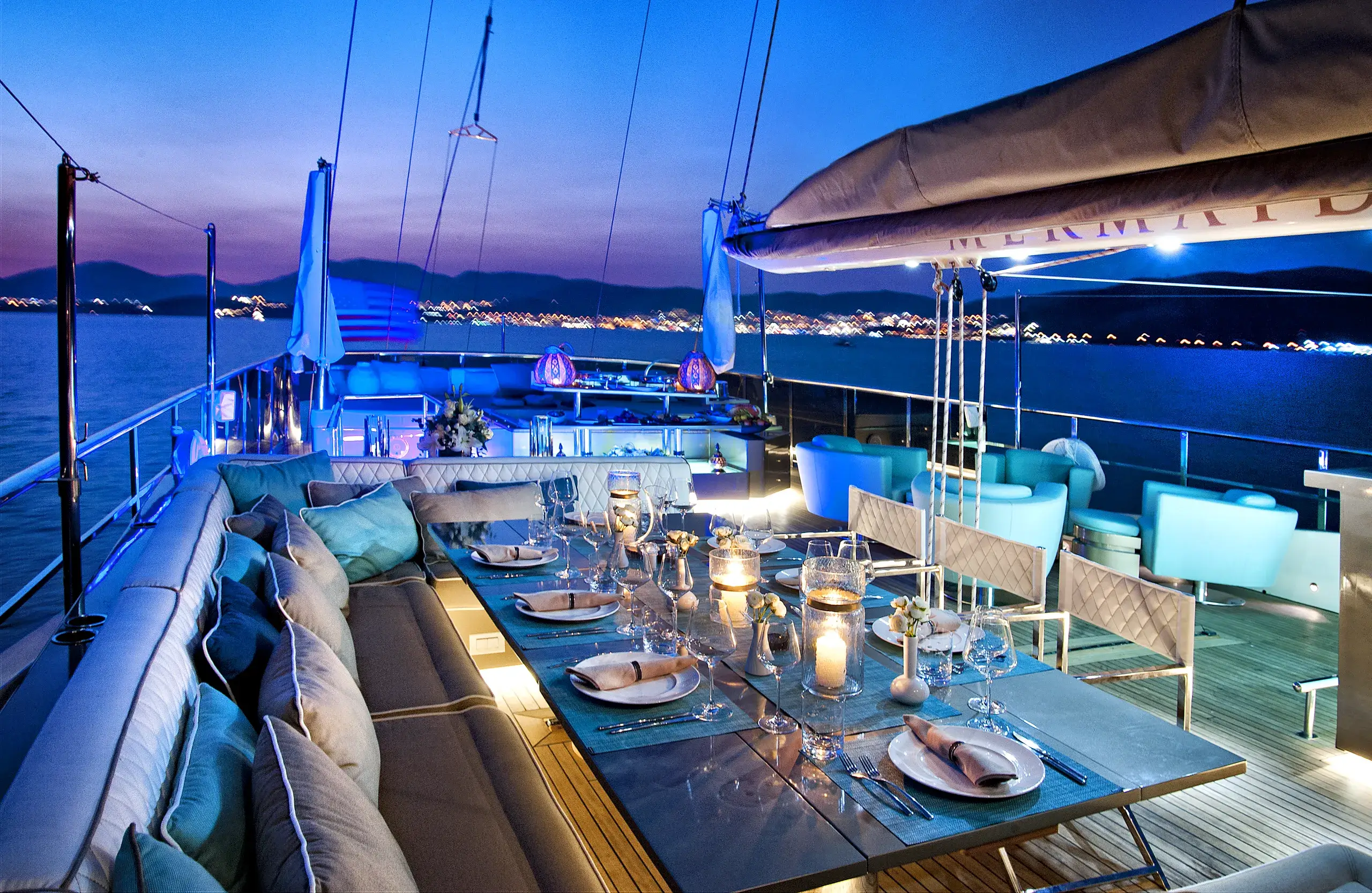 Dining table set for guests aboard M/Y Mermaid