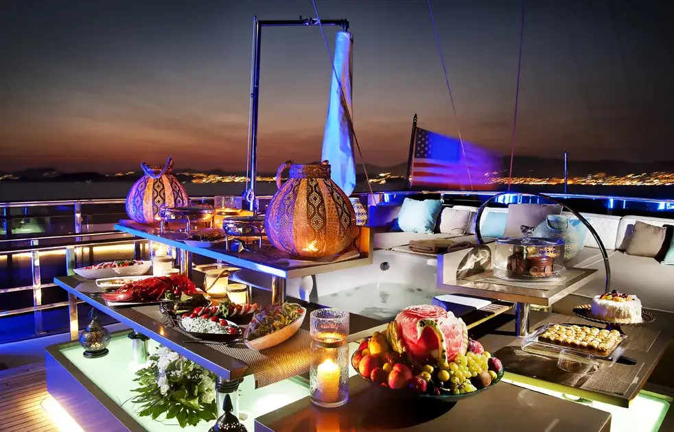 Buffet and entertaining area aboard M/Y Mermaid