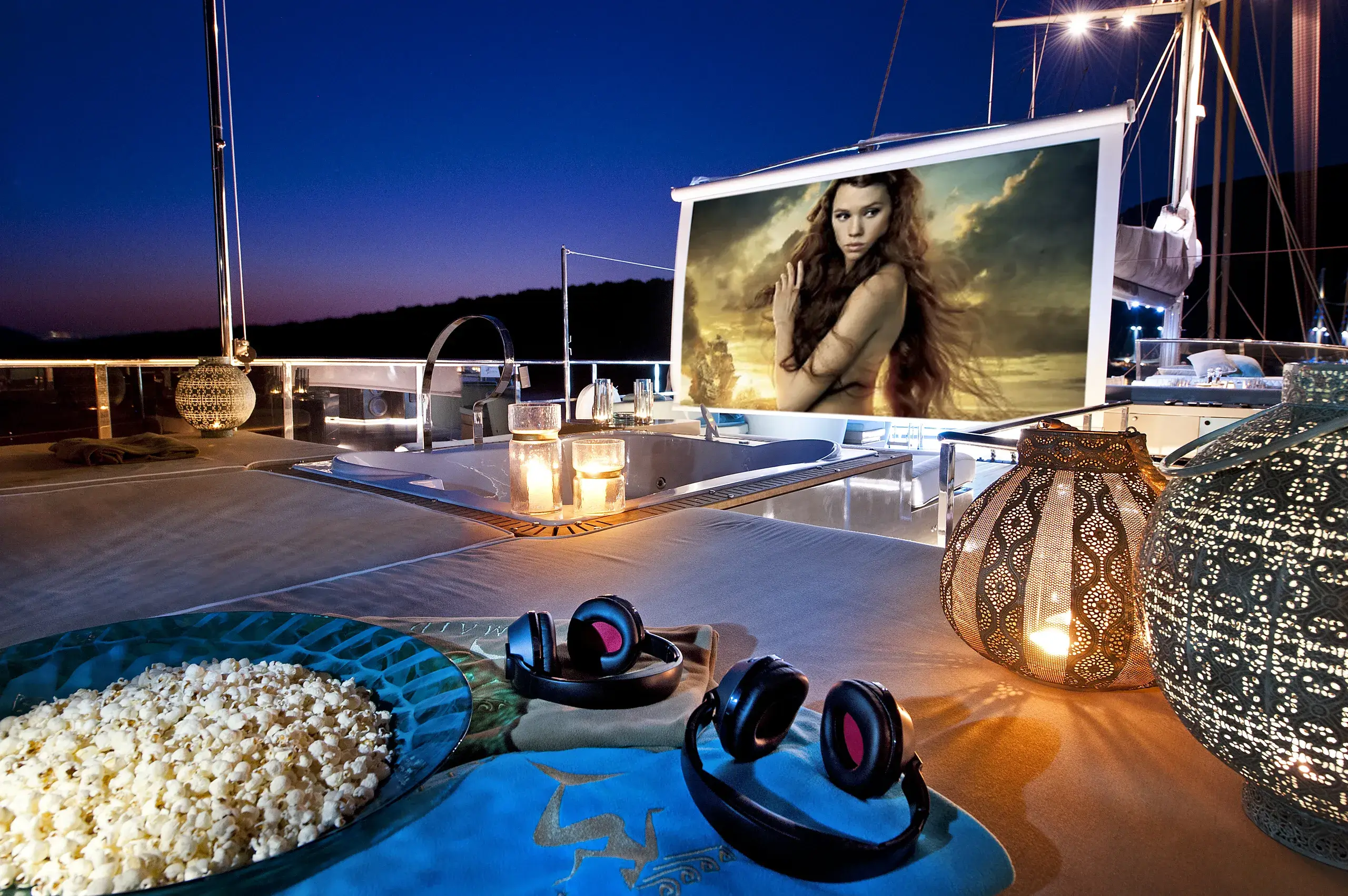 Open-air cinema on deck aboard M/Y Mermaid