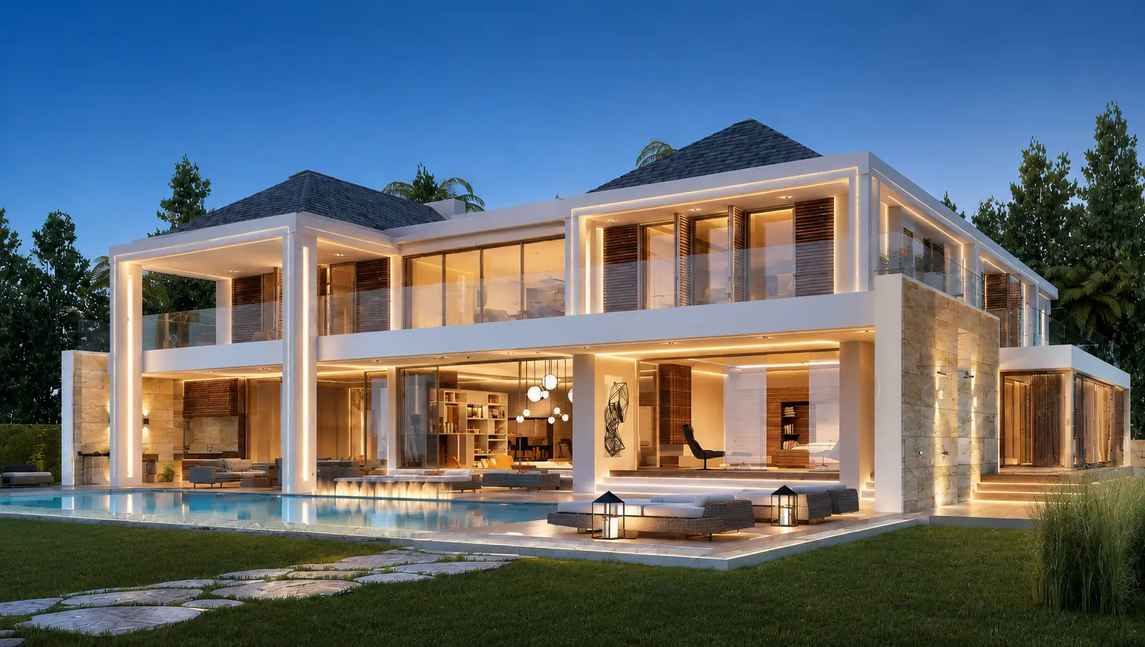 Moonstone rear elevation — illuminated stone and glass volumes with pool and lawn at twilight