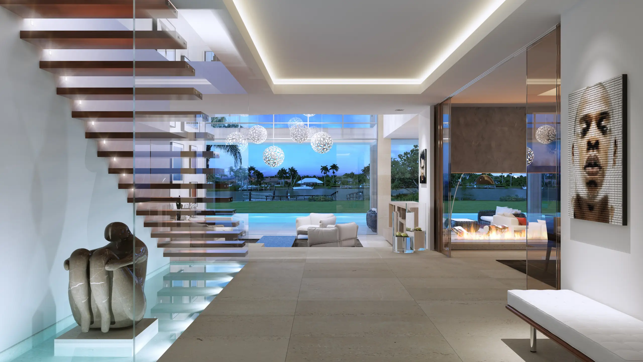 Moonstone master bedroom with dark timber floors, Eames lounge chair, and waterfront views