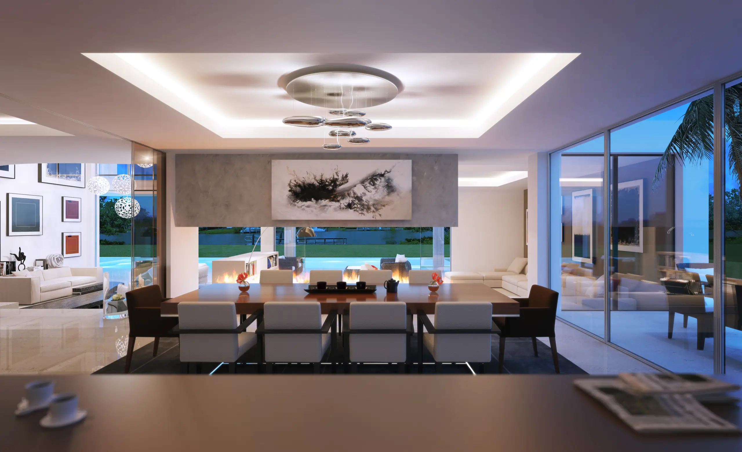 Moonstone ground floor plan with pool, boat dock, garage, and landscaped waterfront grounds
