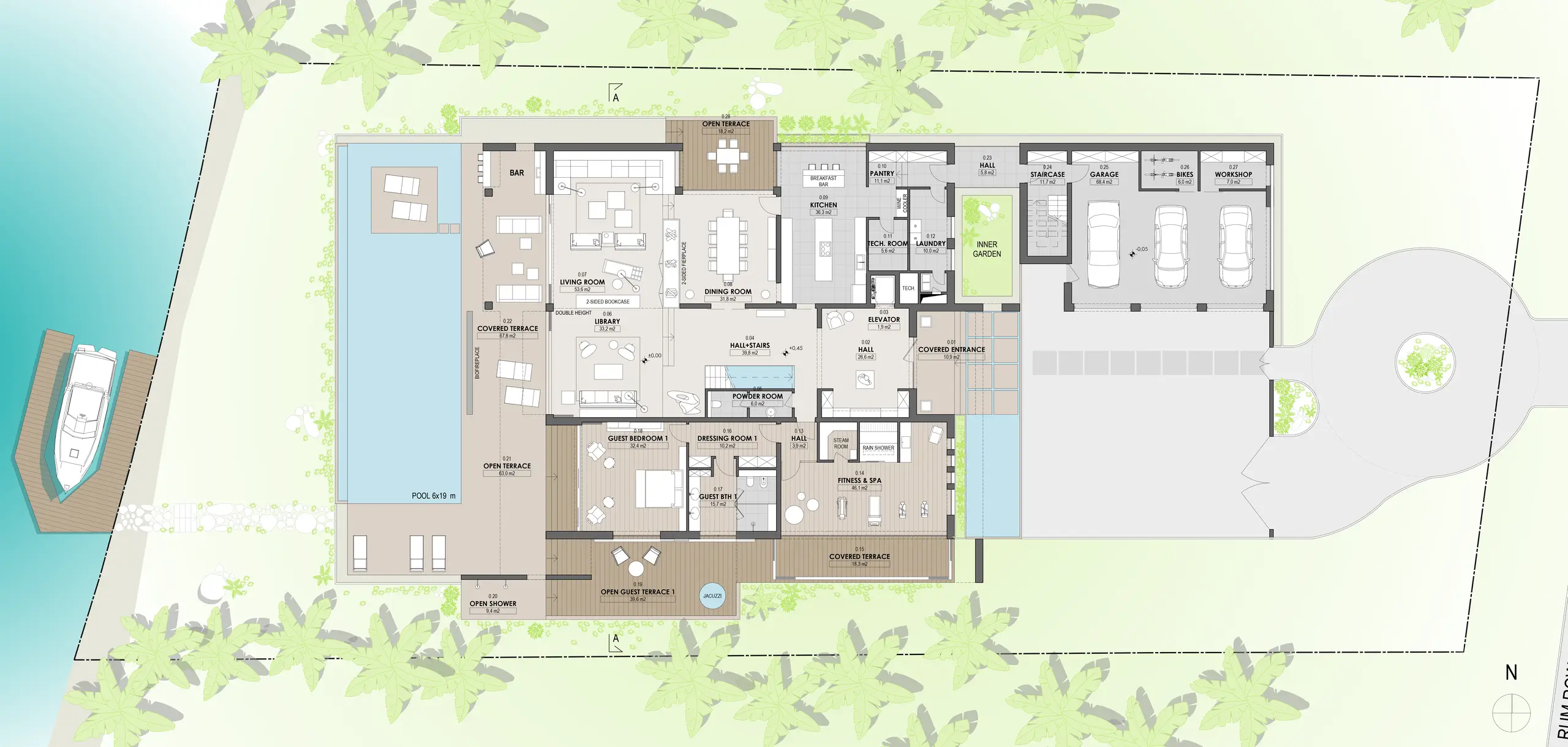 Colour-rendered floor plan of Villa Moonstone — waterfront pool and dock, open living spaces, wellness wing and garden across the single-level layout