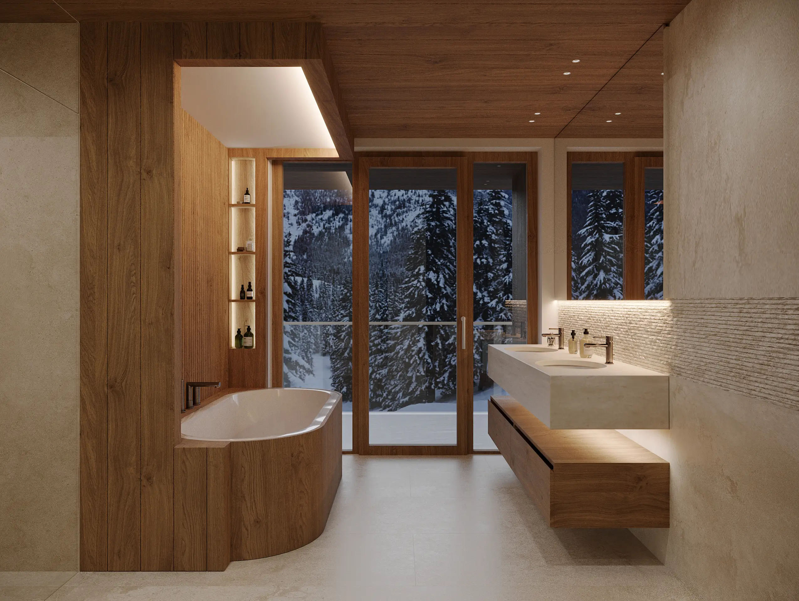 Spa-like bathroom with a freestanding tub wrapped in curved timber, a floating stone vanity and floor-to-ceiling glazing onto snow-laden pines