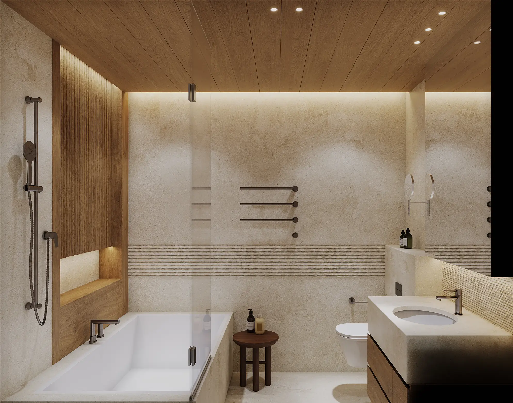 Second bathroom in pale travertine with a built-in bathtub, glazed shower, timber slatted accent wall and floating stone vanity beneath a wood-panelled ceiling