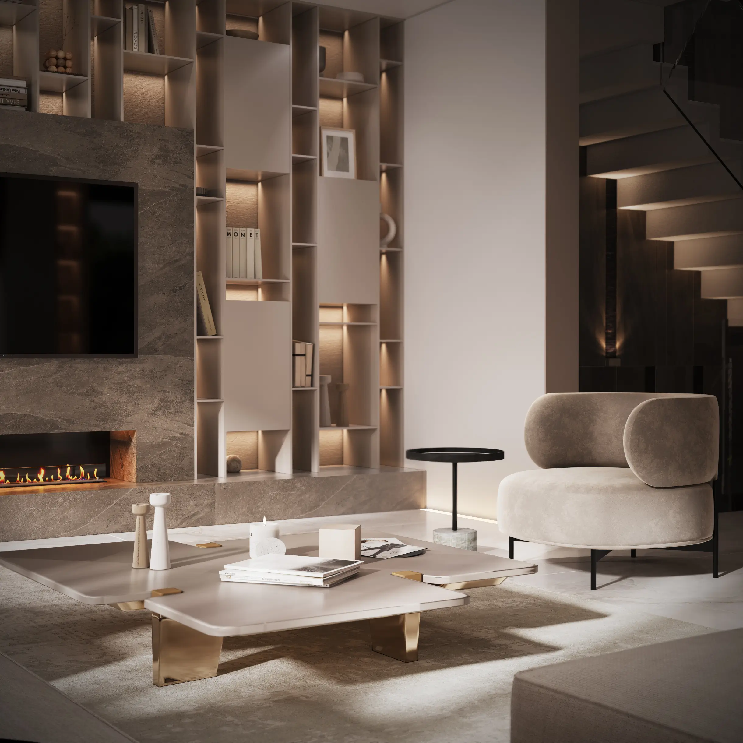 Villa D living room detail with a stone fireplace wall, backlit shelving niche, brass-footed coffee table, and a sculptural velvet armchair