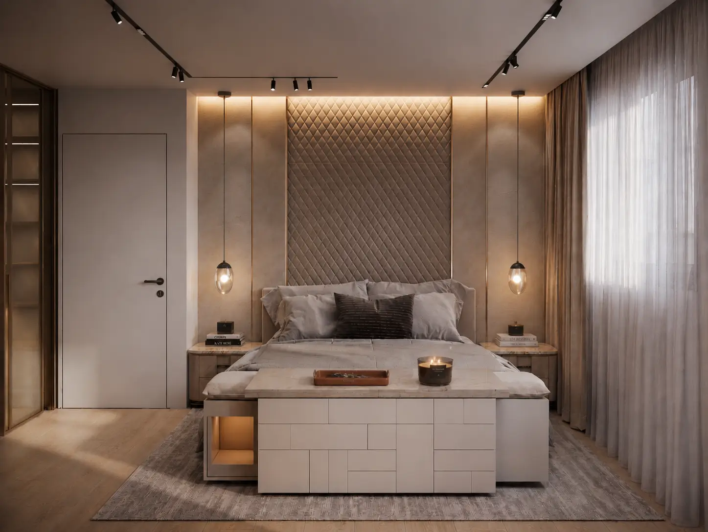 Villa D bedroom with a quilted leather headboard wall, suspended bedside pendants, and a low marble-topped storage bench