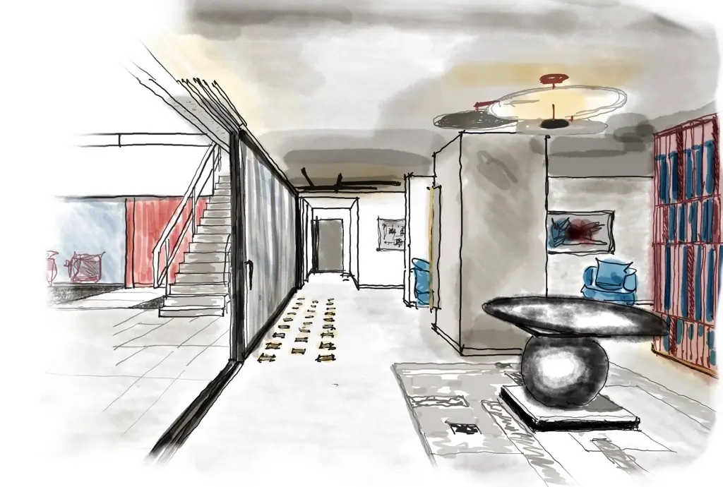 Light-filled living and dining space with pale walls, a dark floor and a sculptural sphere seen in perspective
