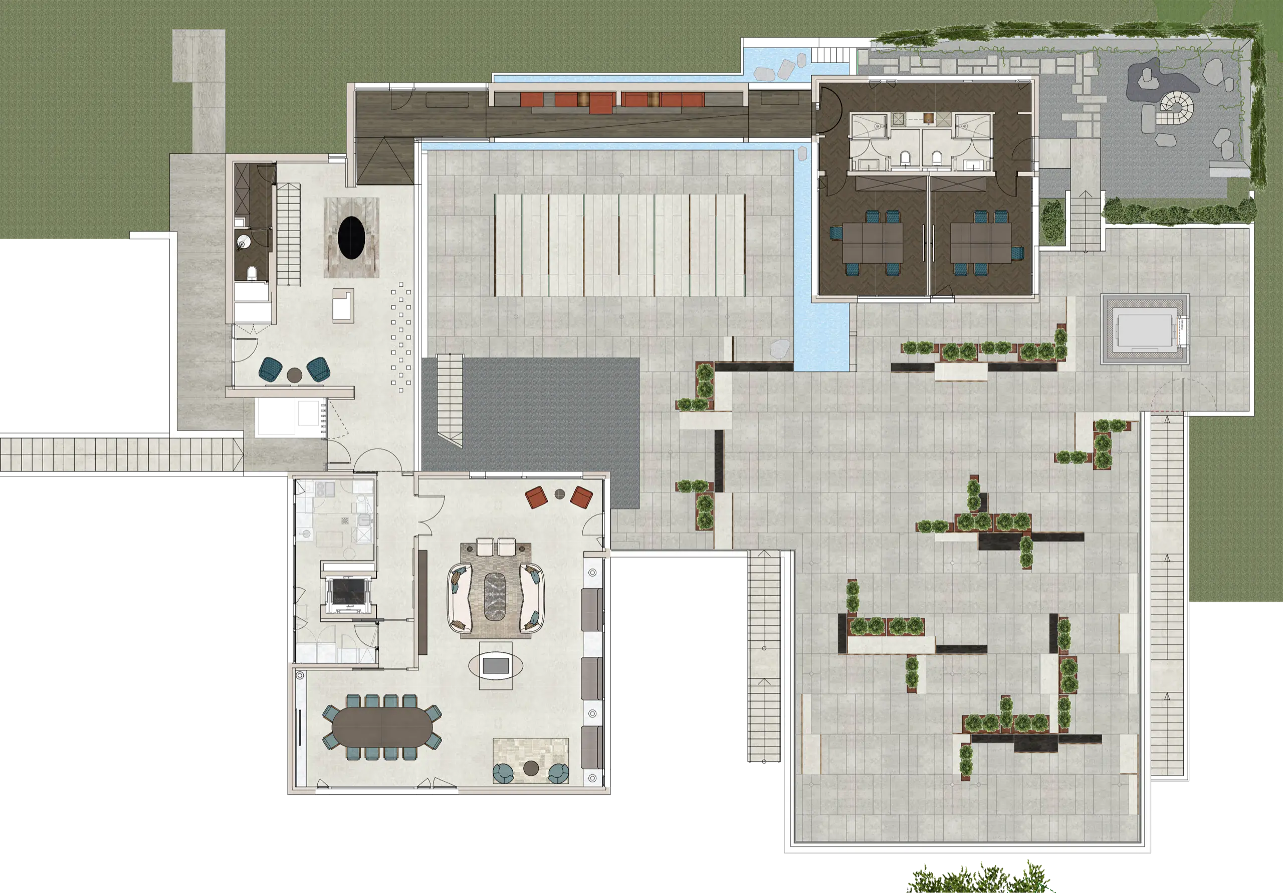 Coloured architectural floor plan of the villa showing living, dining and circulation zones