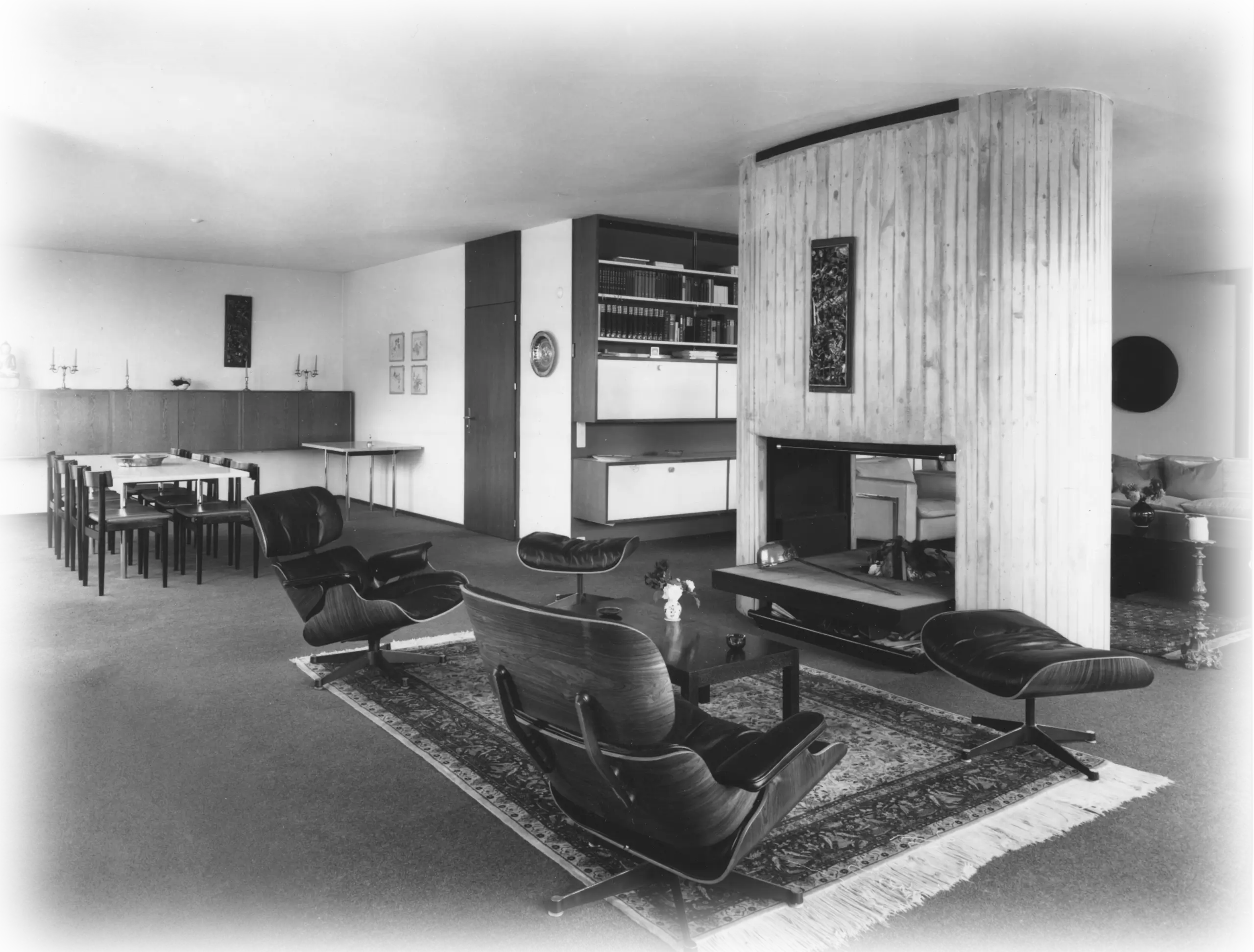 Living room toward the fireplace, archival view