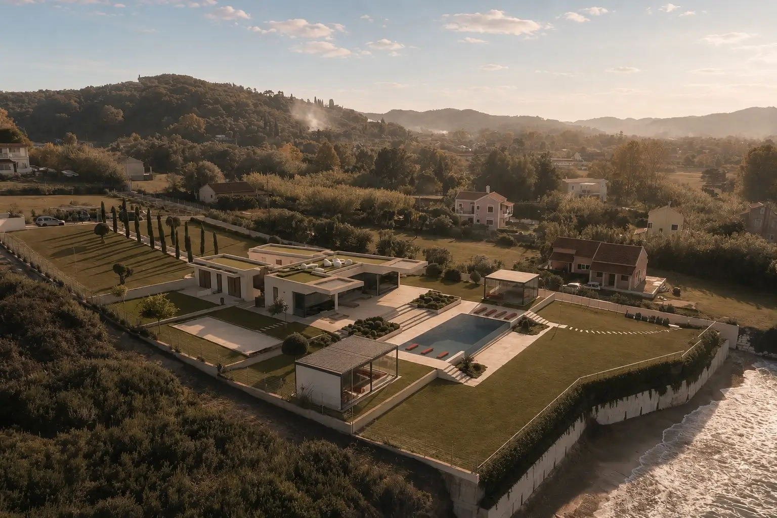 Aerial view of Villa Zafiris terracing down a Corfu hillside toward the sea, its pavilions and pools set amid manicured lawns at golden hour