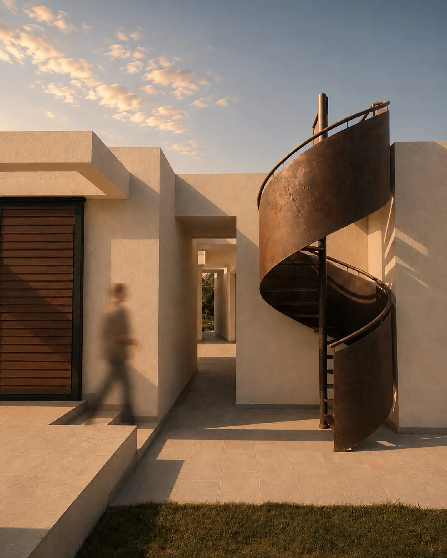 Rendered exterior at golden hour with a sculptural weathered-steel spiral staircase beside a louvred timber gate, a figure passing through the courtyard