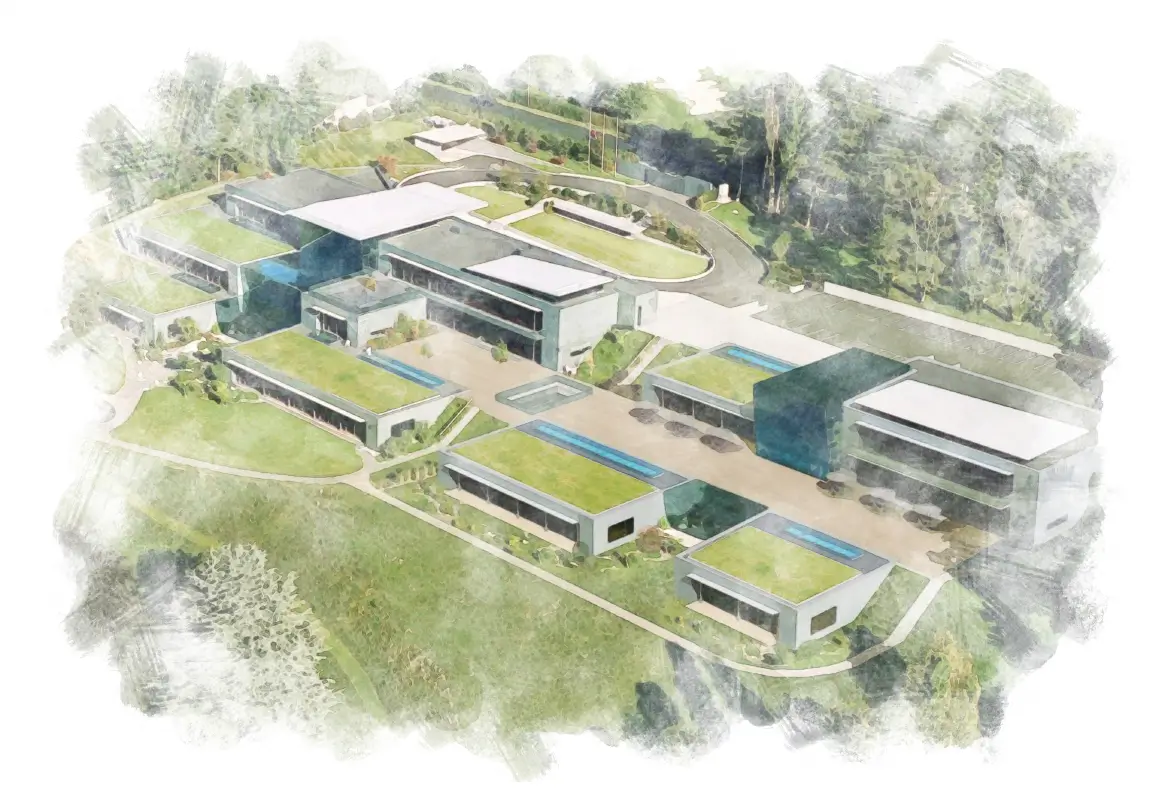 Aerial view of the World Economic Forum headquarters and its landscaped setting