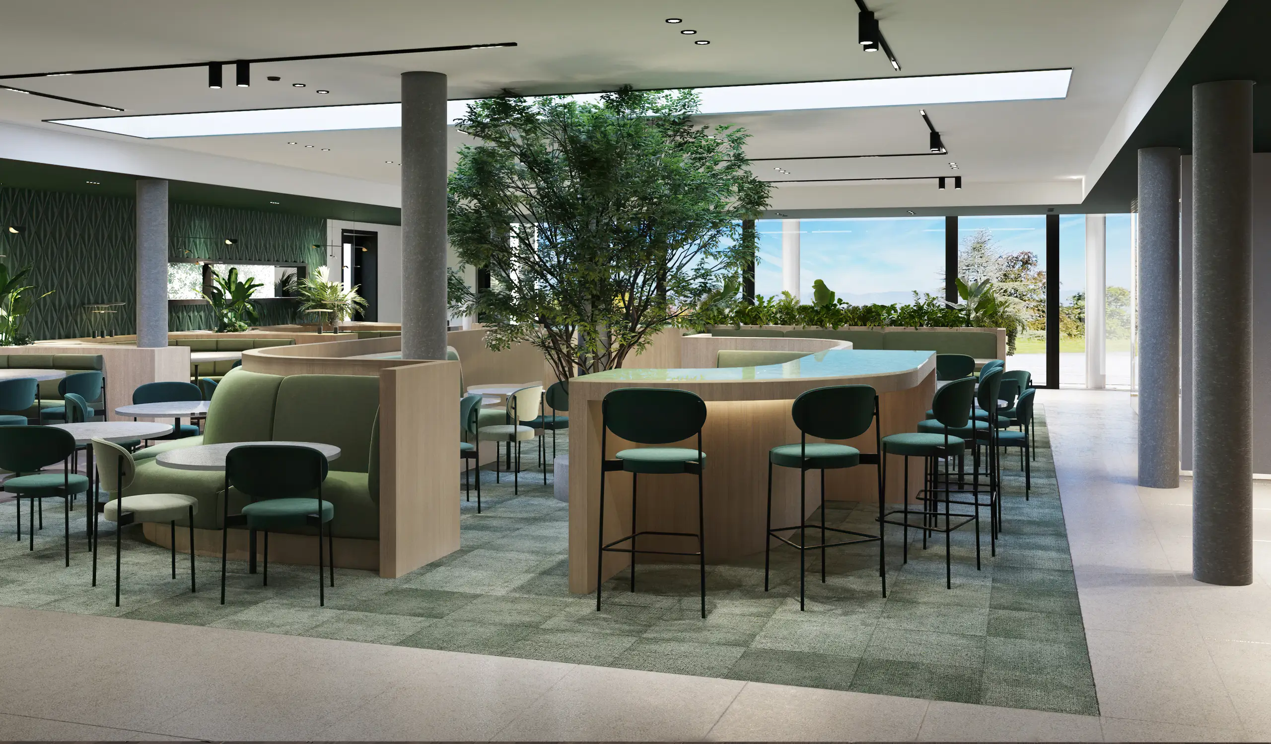 The World Café — a hospitality destination with communal dining tables, banquettes and pendant lighting