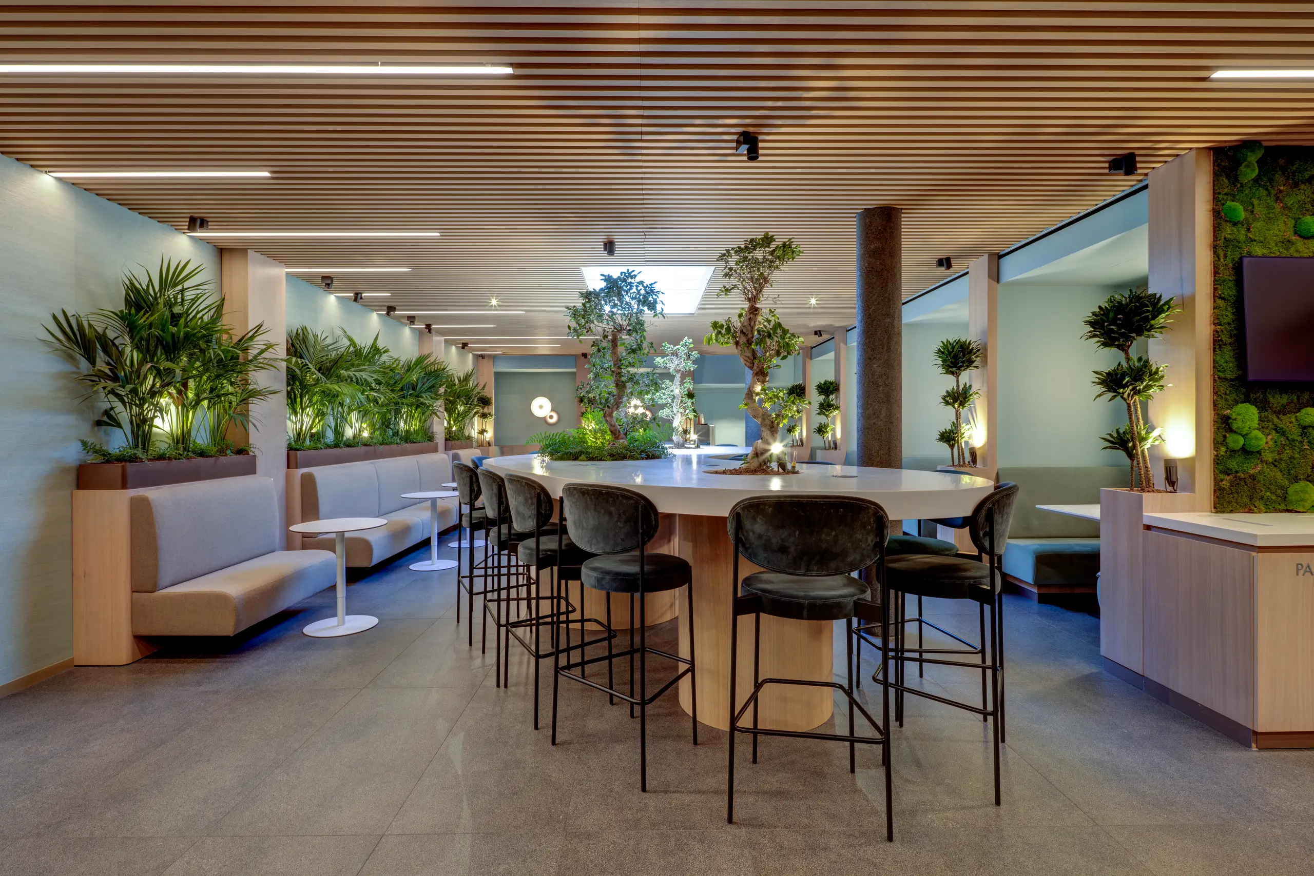 A distributed bistro with counter seating for informal meetings and dining