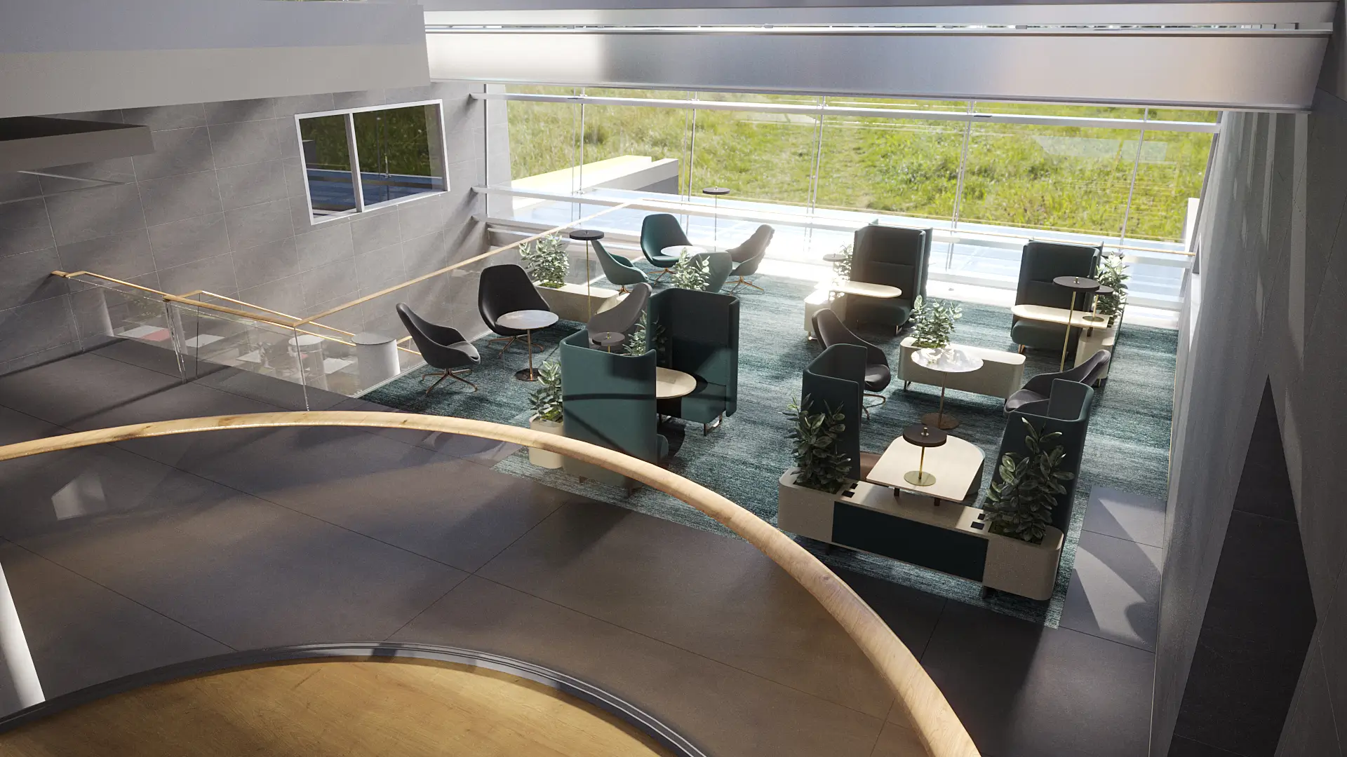 A reimagined atrium styled as a contemporary hotel-lobby Community Hub