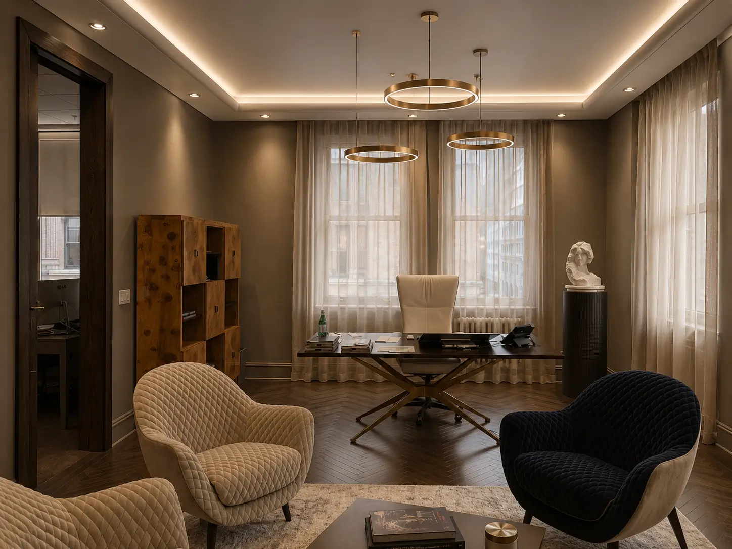 Executive office with sliding bronze-meshed glass doors and curated antiques and artwork
